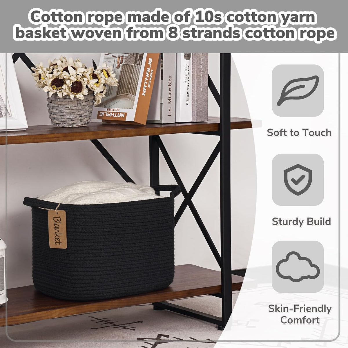 Goodpick Woven Rope Storage Basket for Shelves, Rectangle, Black