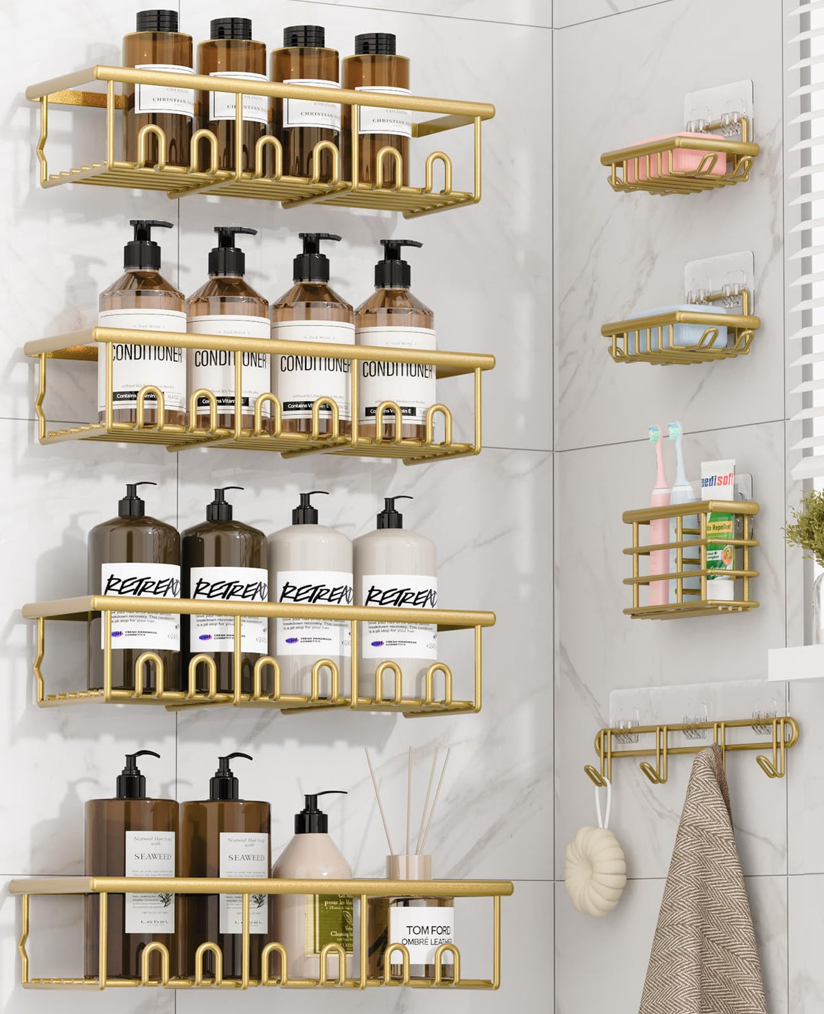 8 Pack Adhesive Bathroom Holders & Dispensers for Kids & Adults, Black