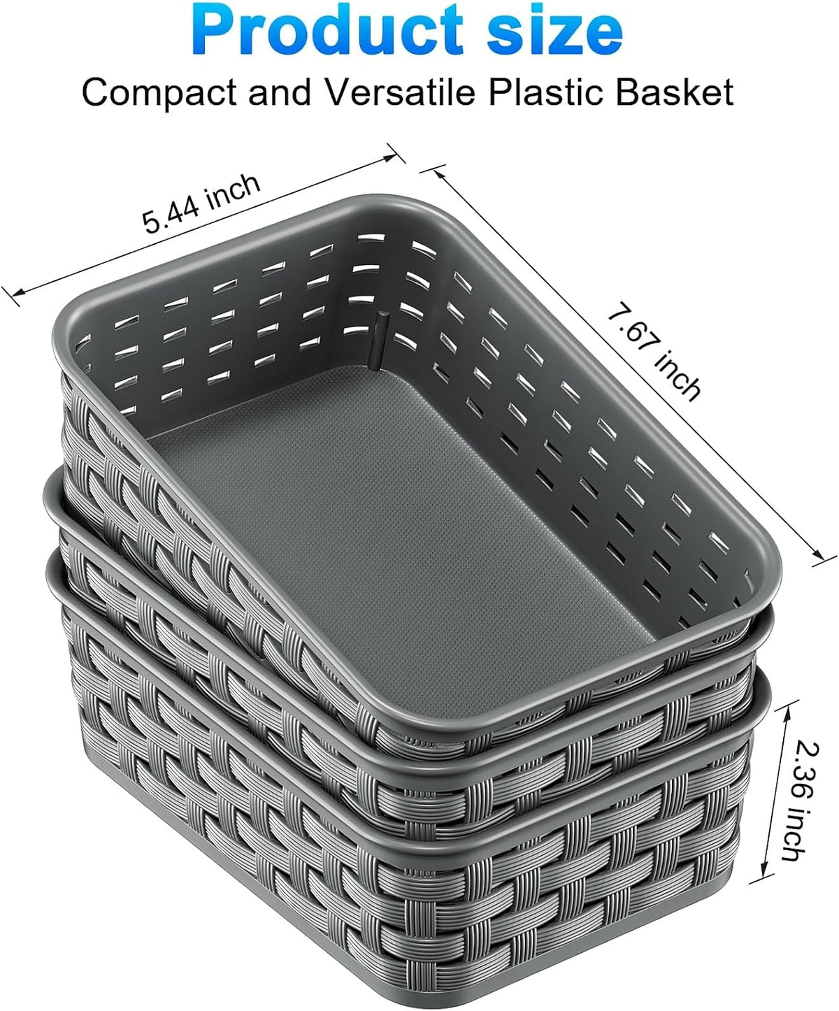 3 Pack Small Plastic Basket, Storage Bin Baskets for Organizing, Pantry Organizer Household Wicker Storage for Laundry Room, Bedrooms, Kitchens, Cabinets, Countertops, Dark Gray