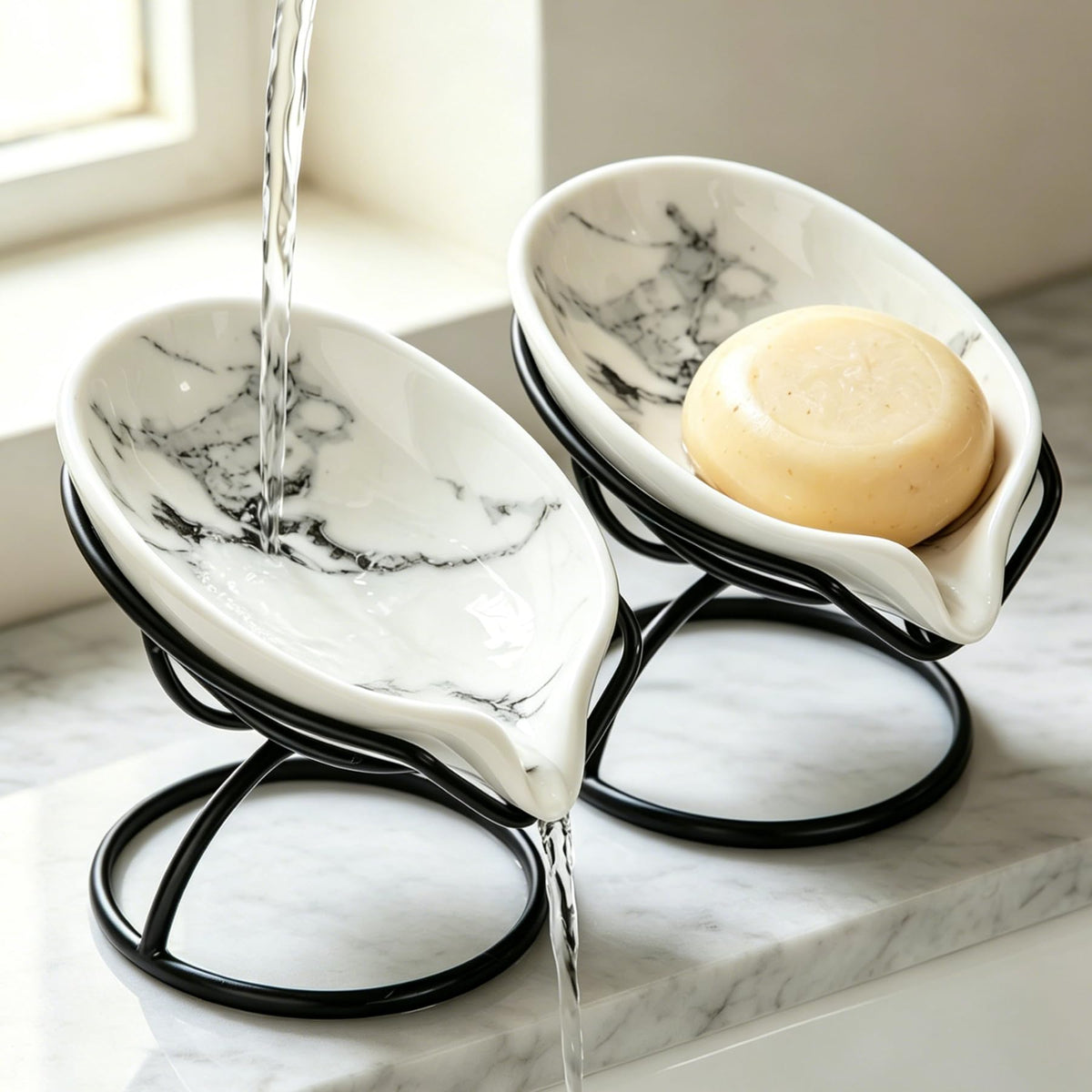 Dobbyby Leaf-Shaped Soap Dish – Premium Ceramic Soap Bar Holder with Self-Drainage System – Bar Soap Holder for Shower, Bathroom Sink, Kitchen – Waterfall Soap Dish with Stainless Steel Stand (SLIVER)