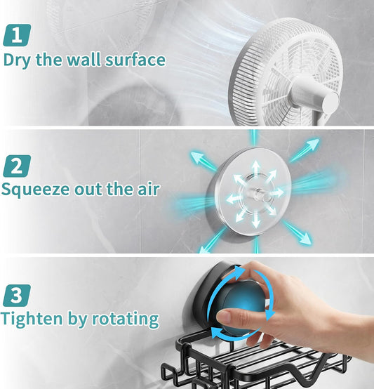 Soap Dish Suction Cup with Hooks, Rustproof No Drill Removable & Reusable for Shower Wall, Bathroom