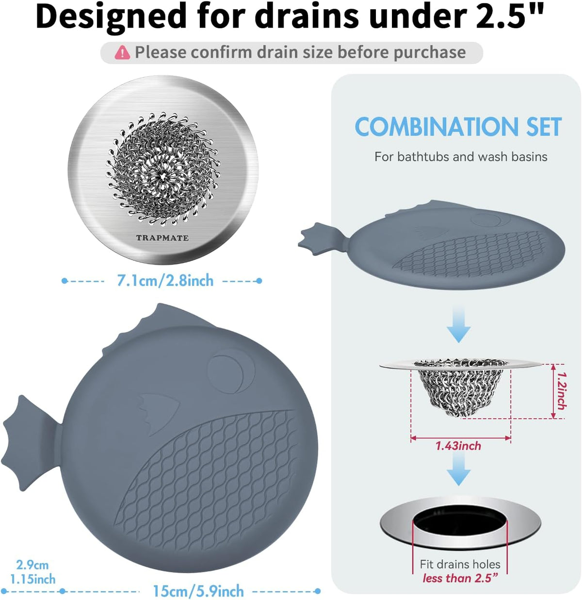 TRAPMATE Shower Drain Hair Catcher, 2.8" Bathtub Stopper Drain Strainer Kit