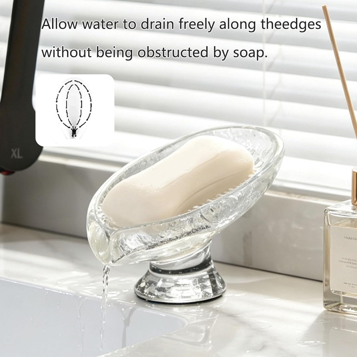 Self Draining Soap Dish, Resin Soap Dish, 45°Sloped Drain Design, with Suction Cup Base, Suitable for Bathroom Sinks, Showers, Kitchen Countertops, and Laundry Rooms (Clear White)