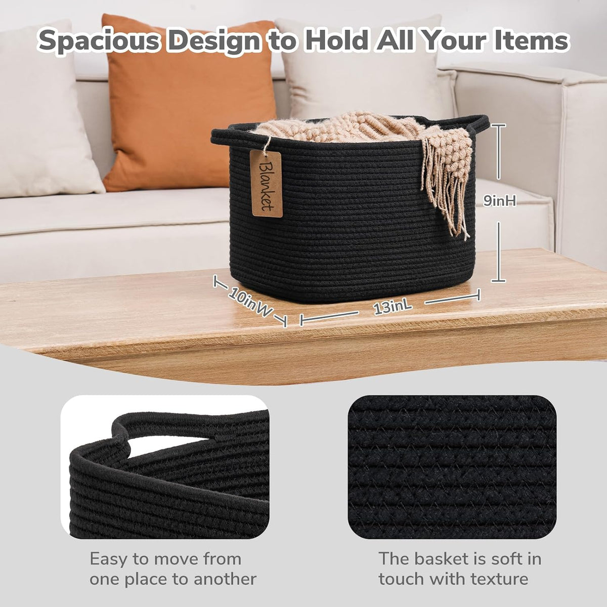 Goodpick Woven Rope Storage Basket for Shelves, Rectangle, Black