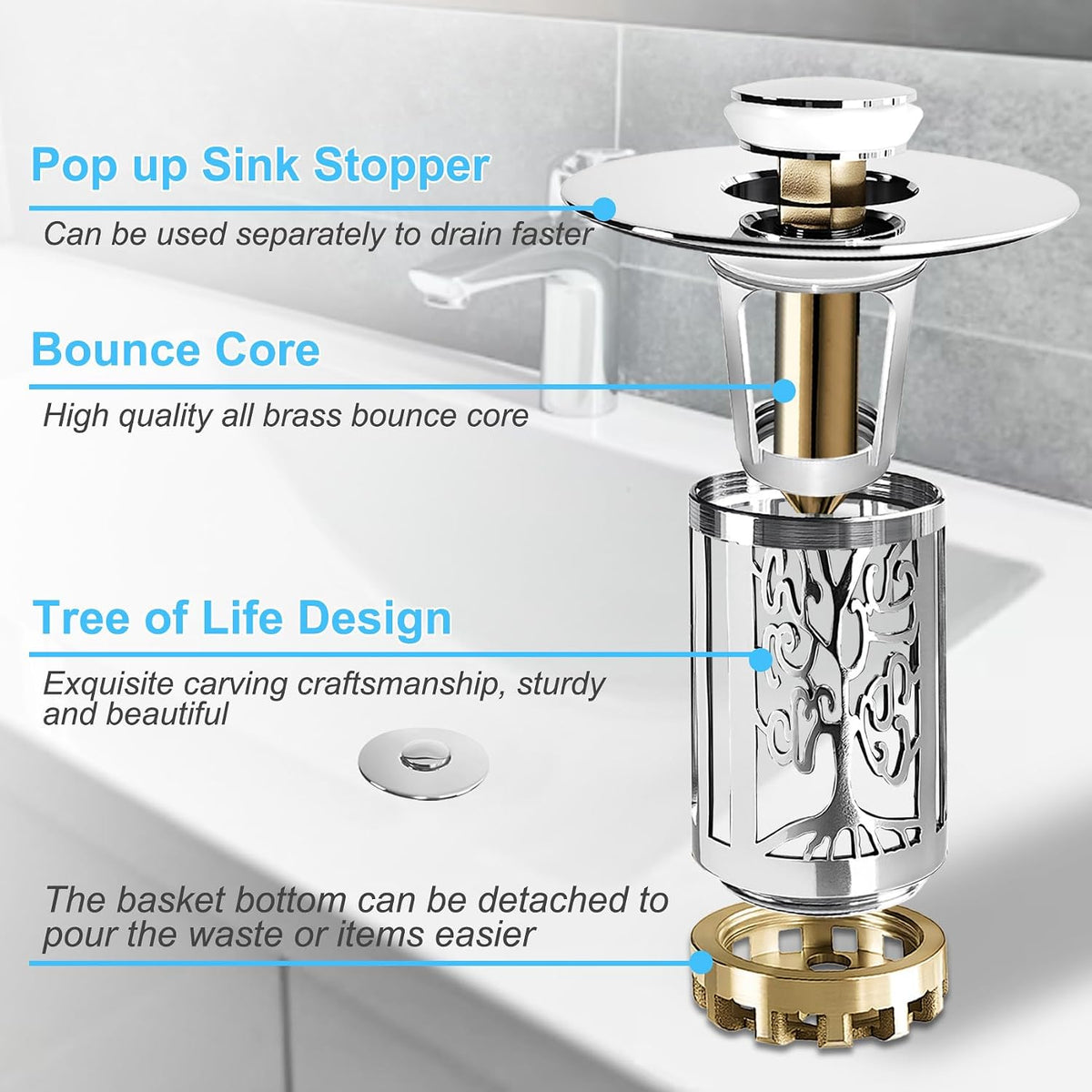 BAOLSLS Bathroom Sink Drain Strainer with Pop Up Removable Hair Catcher