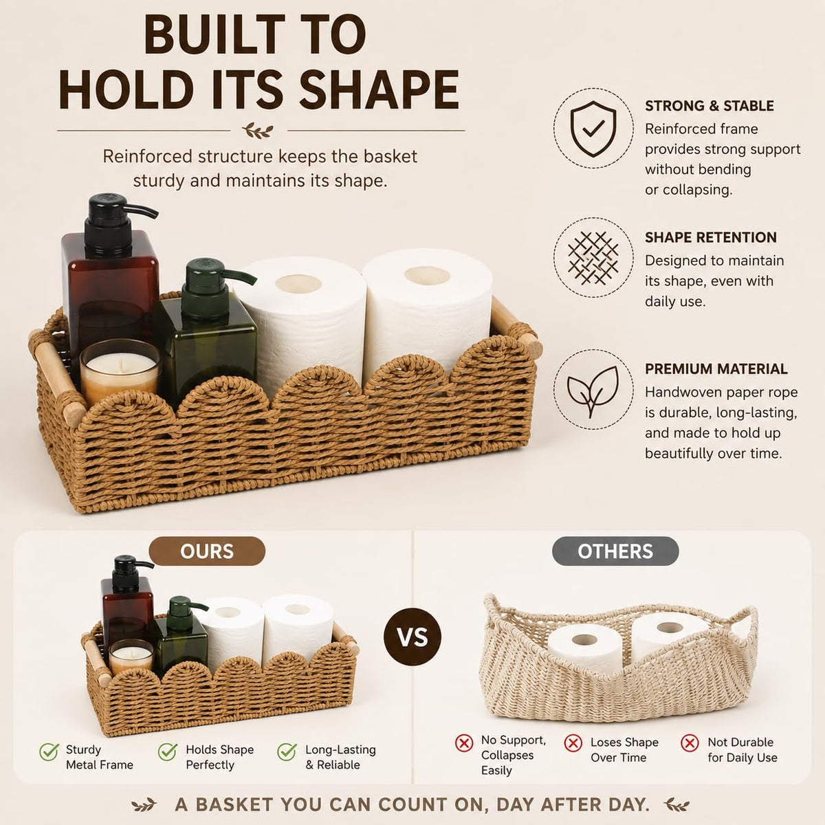 Paper Rope Storage Basket Set of 2 with Wooden Handles - Scalloped Toilet Paper Organizer, Cute & Functional Home Decor for Bathroom or Living Room (Beige)