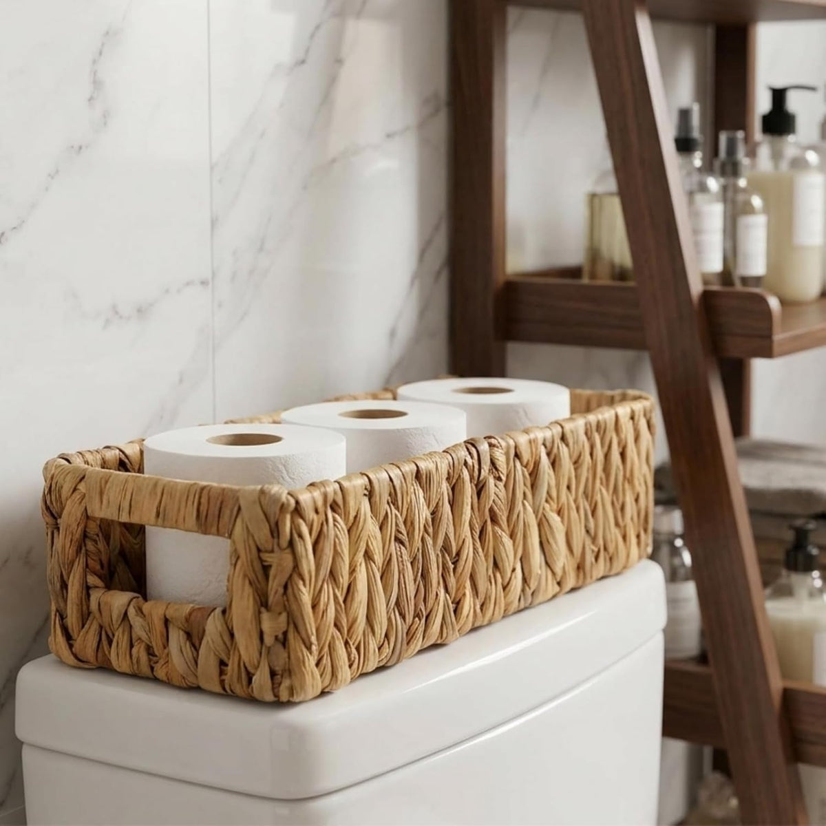 Eorbow 2 Pack Wicker Storage Baskets, Water Hyacinth Holder for Toilet Paper, Rectangular Natural Bins with Built-in Handles, Handwoven Organizer for Bathroom Kitchen Pantry Tank Top, 2 Sizes