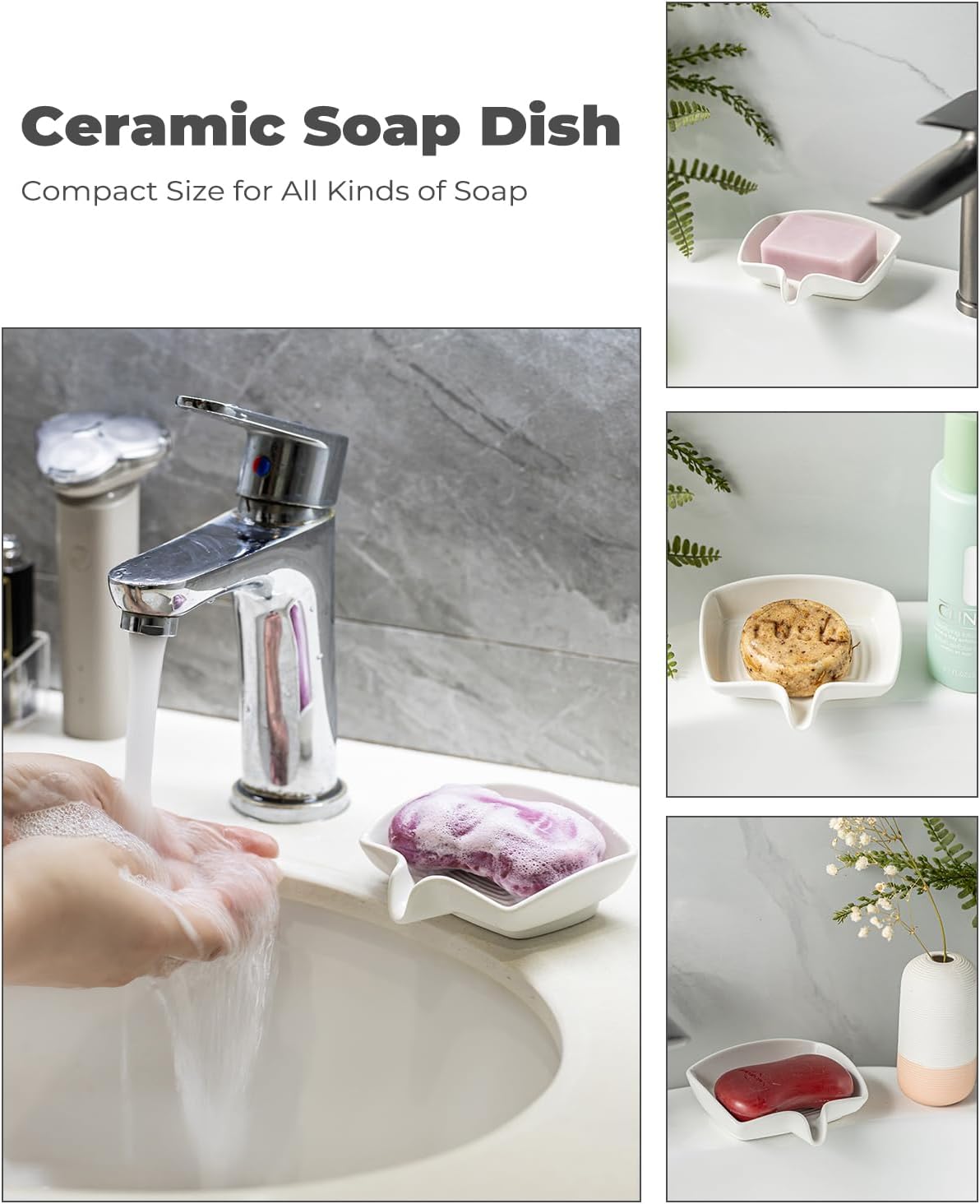 Zoeeker Soap Dish with Waterfall Design, Ceramic Soap Holder for Countertop
