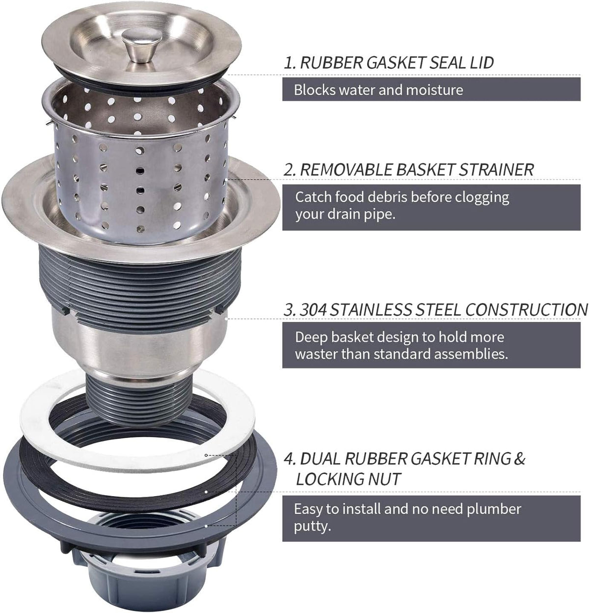 3-1/2 Inch Sink Drain Assembly Kit, Removable Deep Sink Strainer Basket with Sink Stopper/Sealing Lid for Home, Kitchen, Stainless Steel