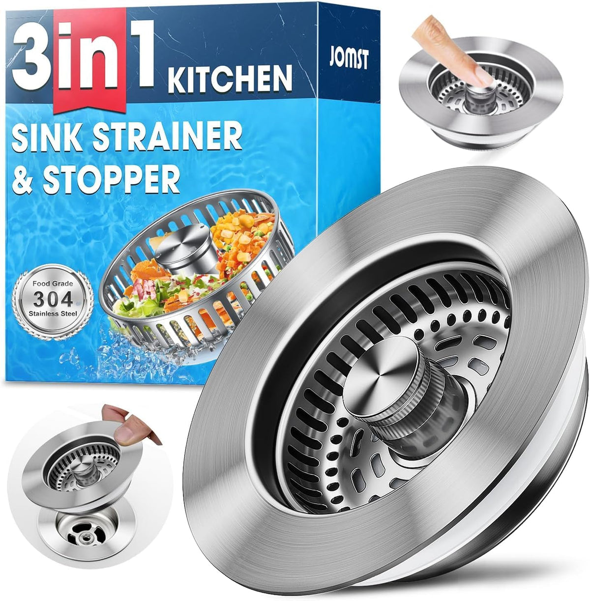 3-in-1 Stainless Steel Kitchen Sink Drain Strainer, JOMST Kitchen Gadget – Fast Drain, Water-Saving Stopper & Odor Blocker， Fits Standard 3.5″ Sink Drains