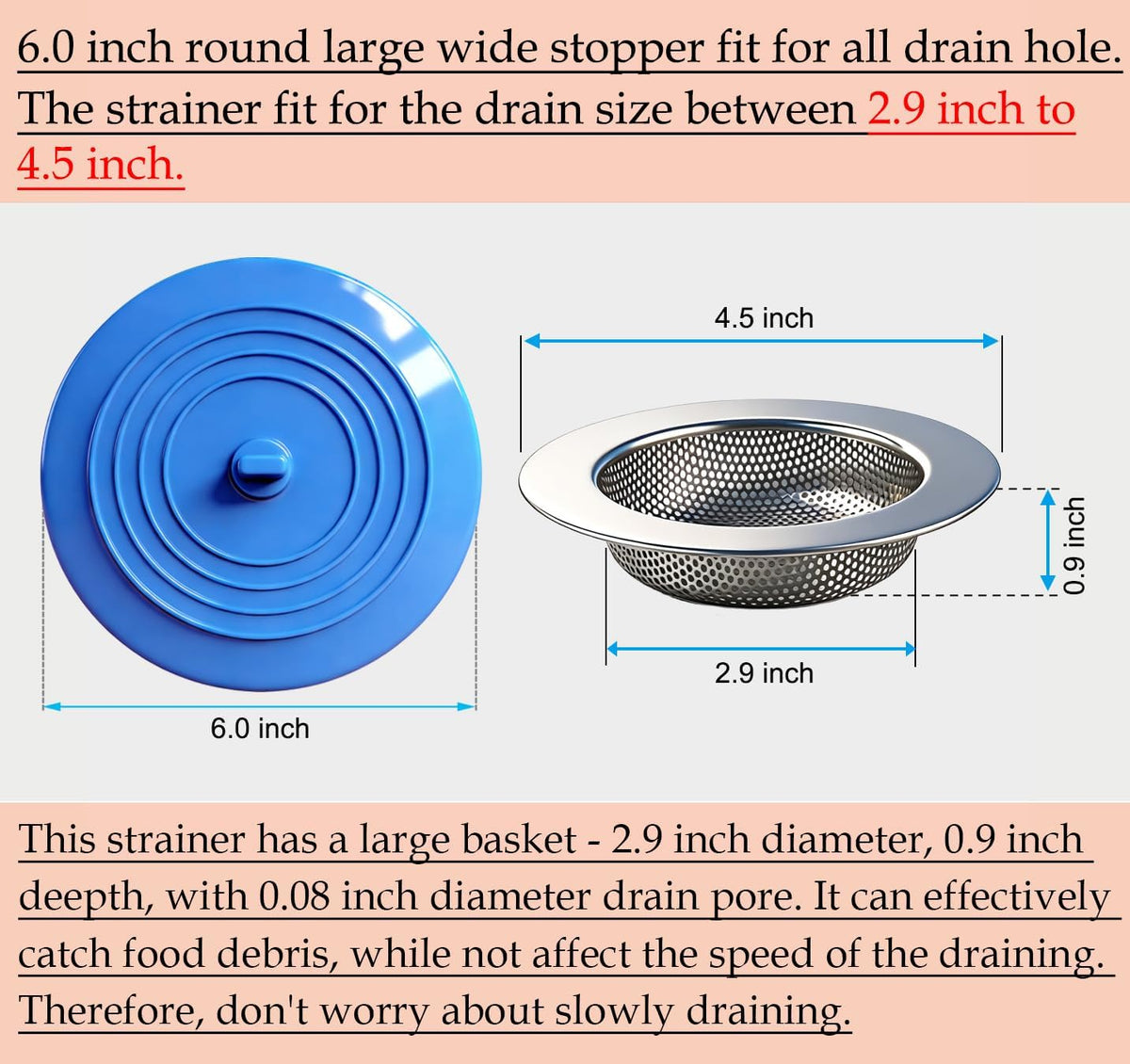 Seatery 4PCS Kitchen Sink Strainer Stopper Kit, Universal Silicone Sink Drain Plug Cover, Drain Water Stopper, 4.5 Inch Stainless Steel Sink Drain Strainer, Food Debris Catcher for Kitchen