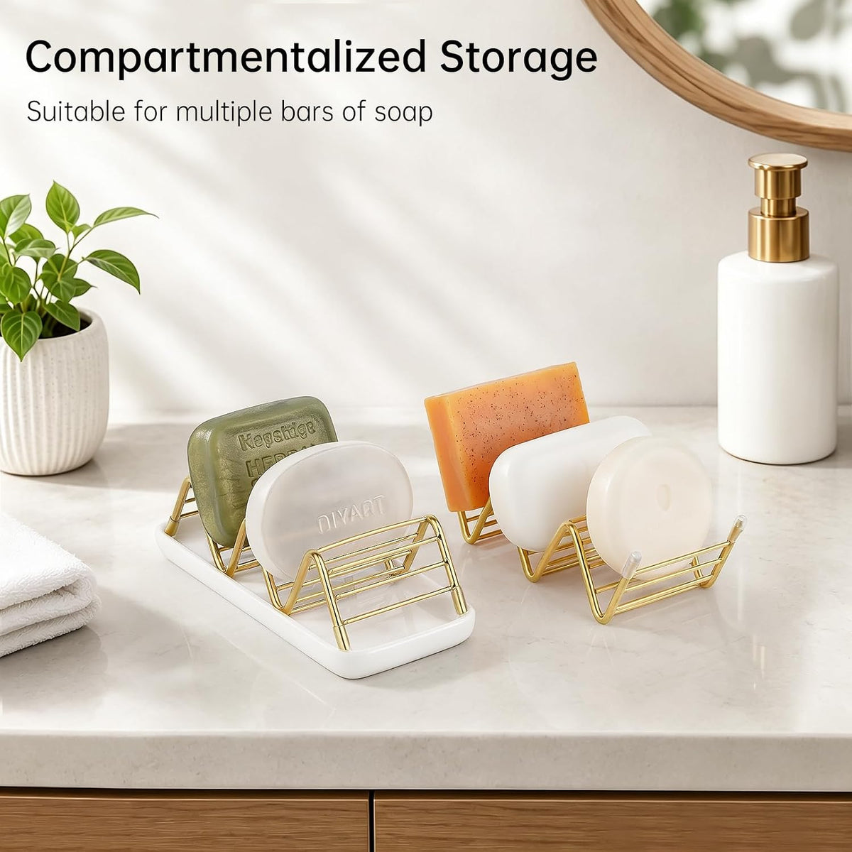 Stainless Steel Soap Dish Draining Soap Holder with Ceramic Tray, Gold