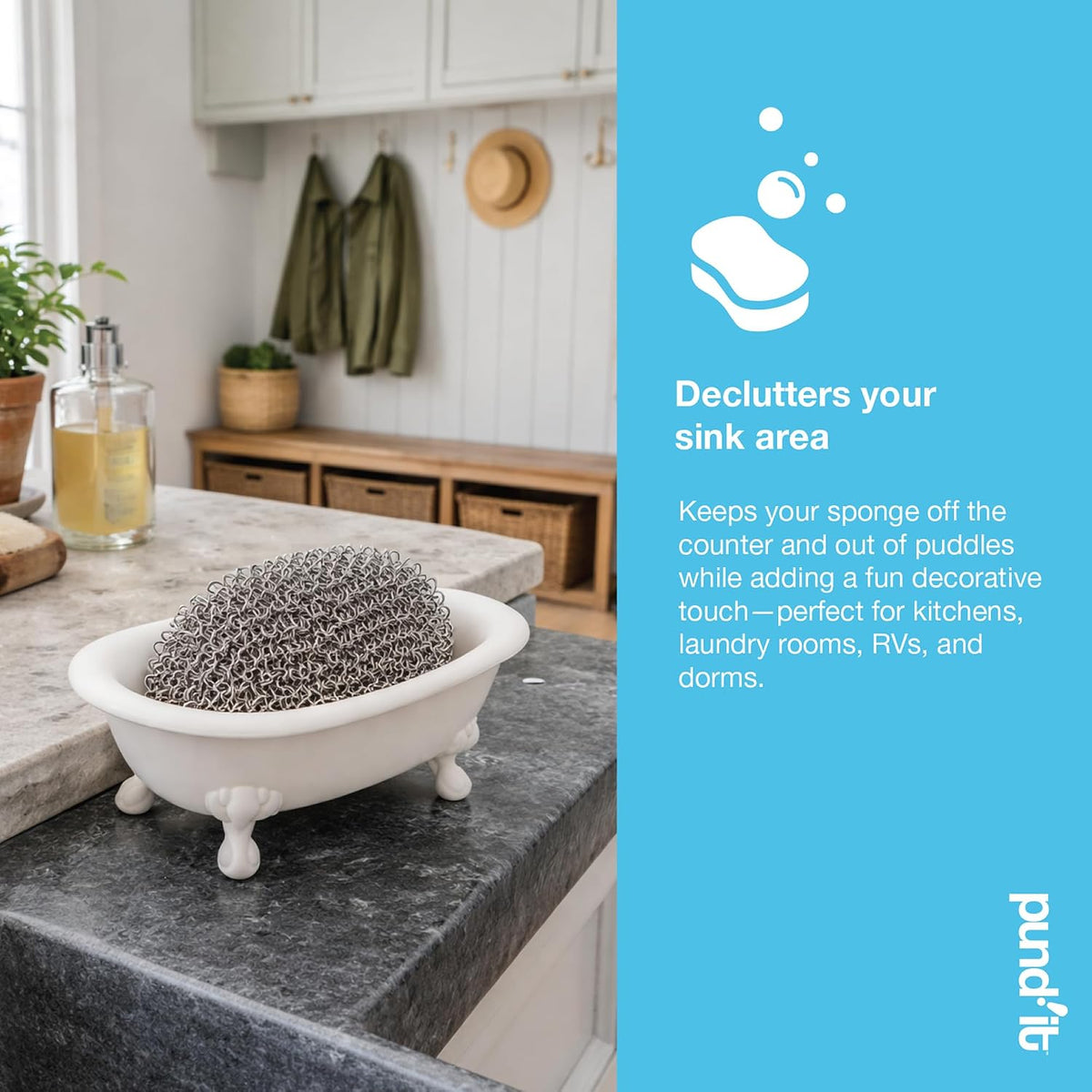 Pund'it Scrub Tub, 6" x 4" Silicone Countertop Sponge Holder & Sink Caddy