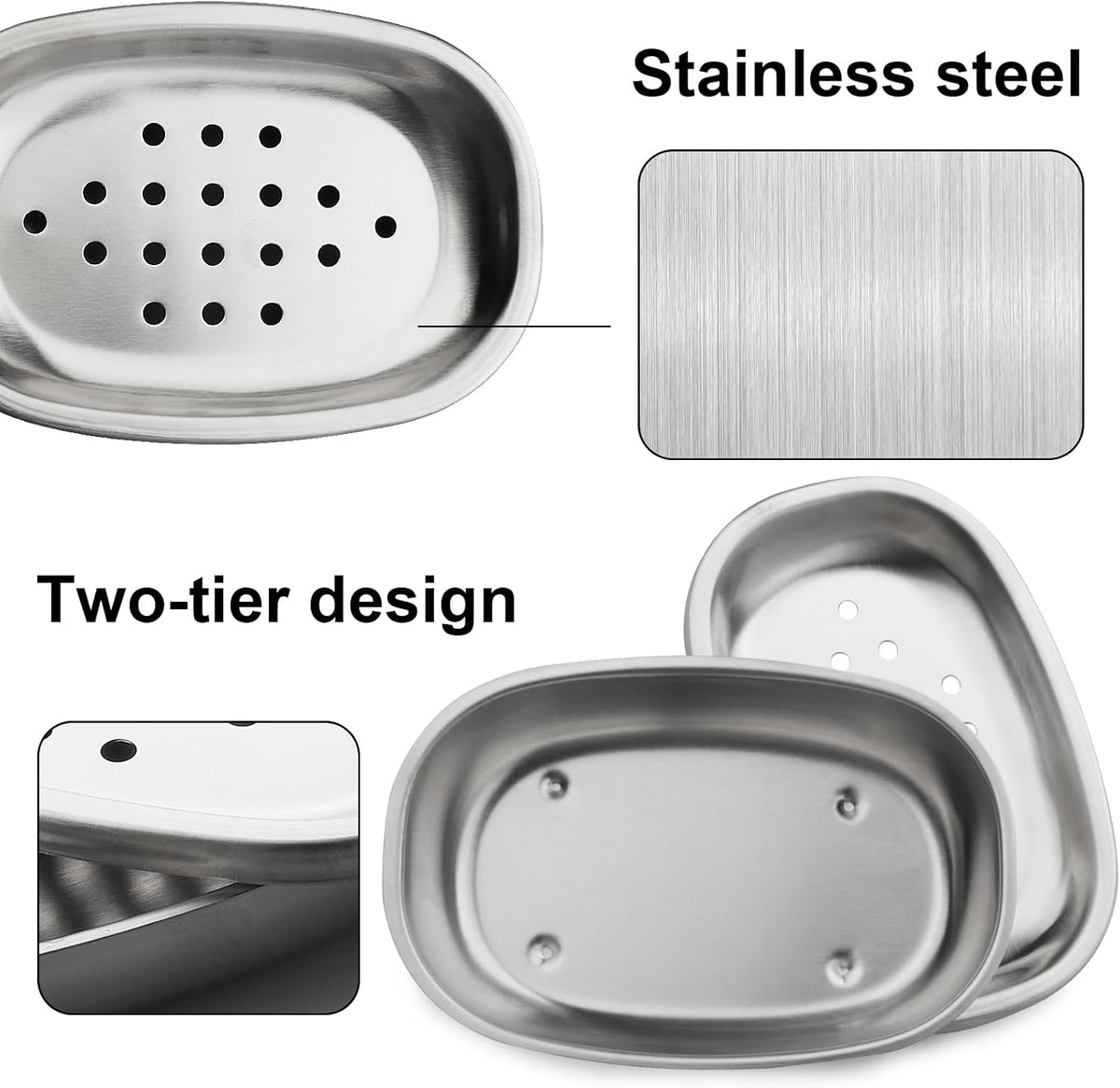 Stainless Steel Soap Dish with Double Layer Draining for Bathroom, Chrome Brushed Nickel Soap Box with Drainage, Shower Countertop Tray (Dots)