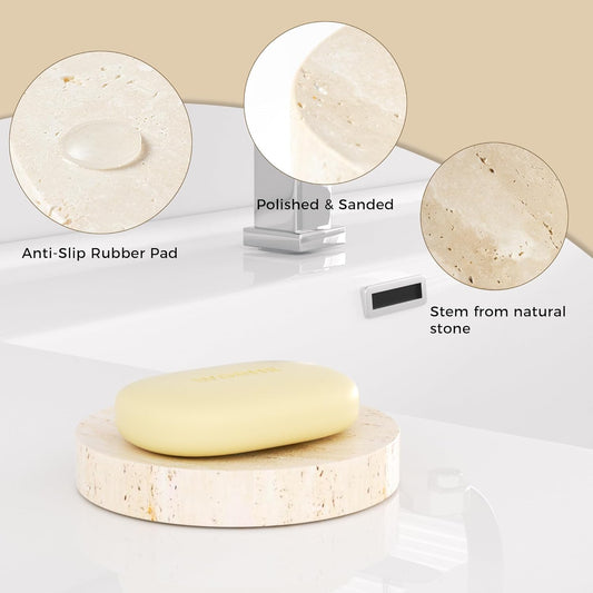 Marble Soap Dishes Natural Travertine Stone Sponge Holder for Bathroom Tub Shower Kitchen Sink, Handcraft Round Soap Case Trinket Plate Jewelry Tray Coaster for Home Decor Color Beige (WH046)