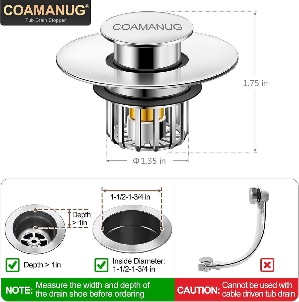 coamanug Bathtub Stopper | Shower Drain Hair Catcher, Pop-up Tub Stopper with Strainer | Bathroom Drain Plug | Drain Protector for 1-1/2 to 1-3/4"" Bath Drain Hole