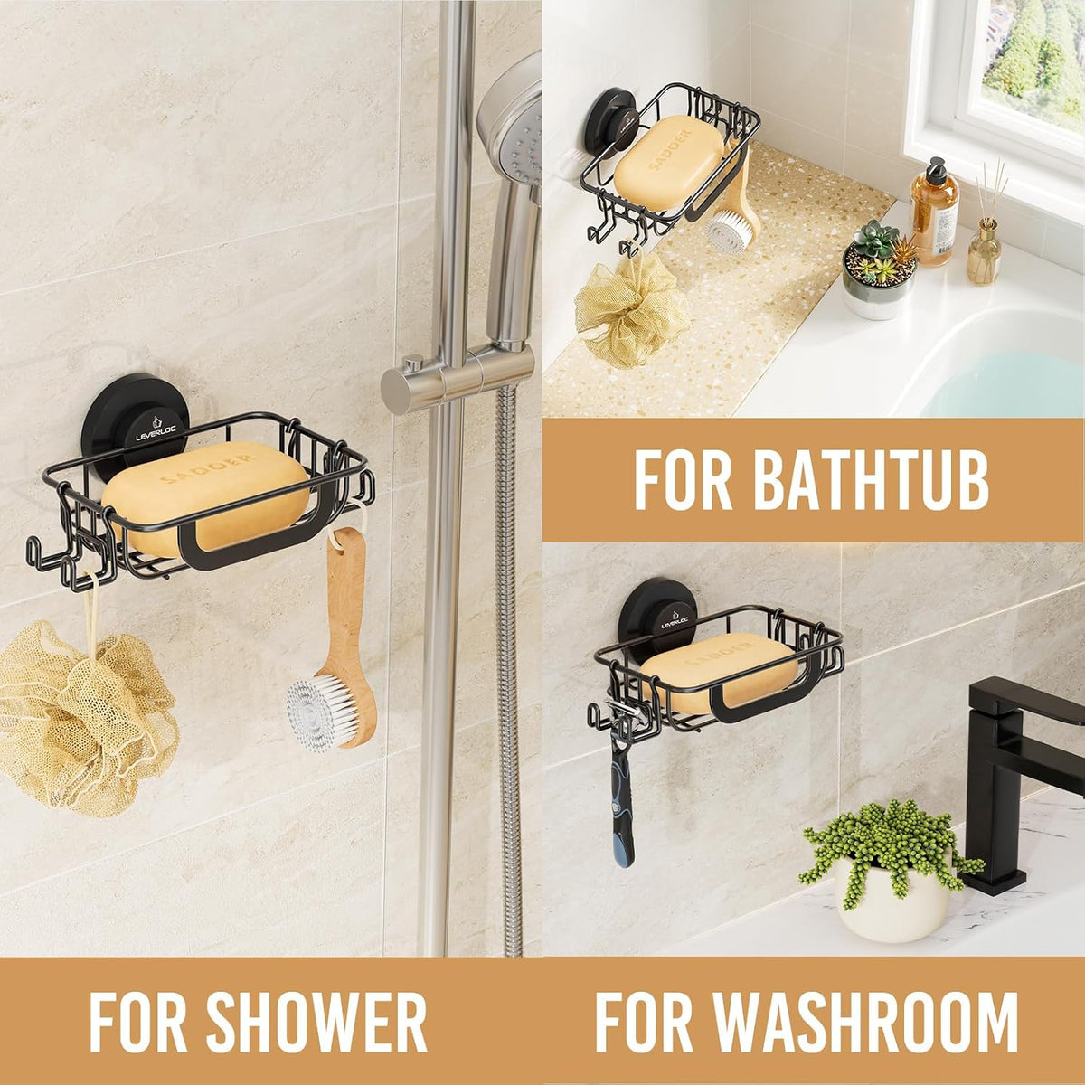 LEVERLOC Bar Soap Holder with Hooks, Suction Cup Soap Dish Stainless Steel