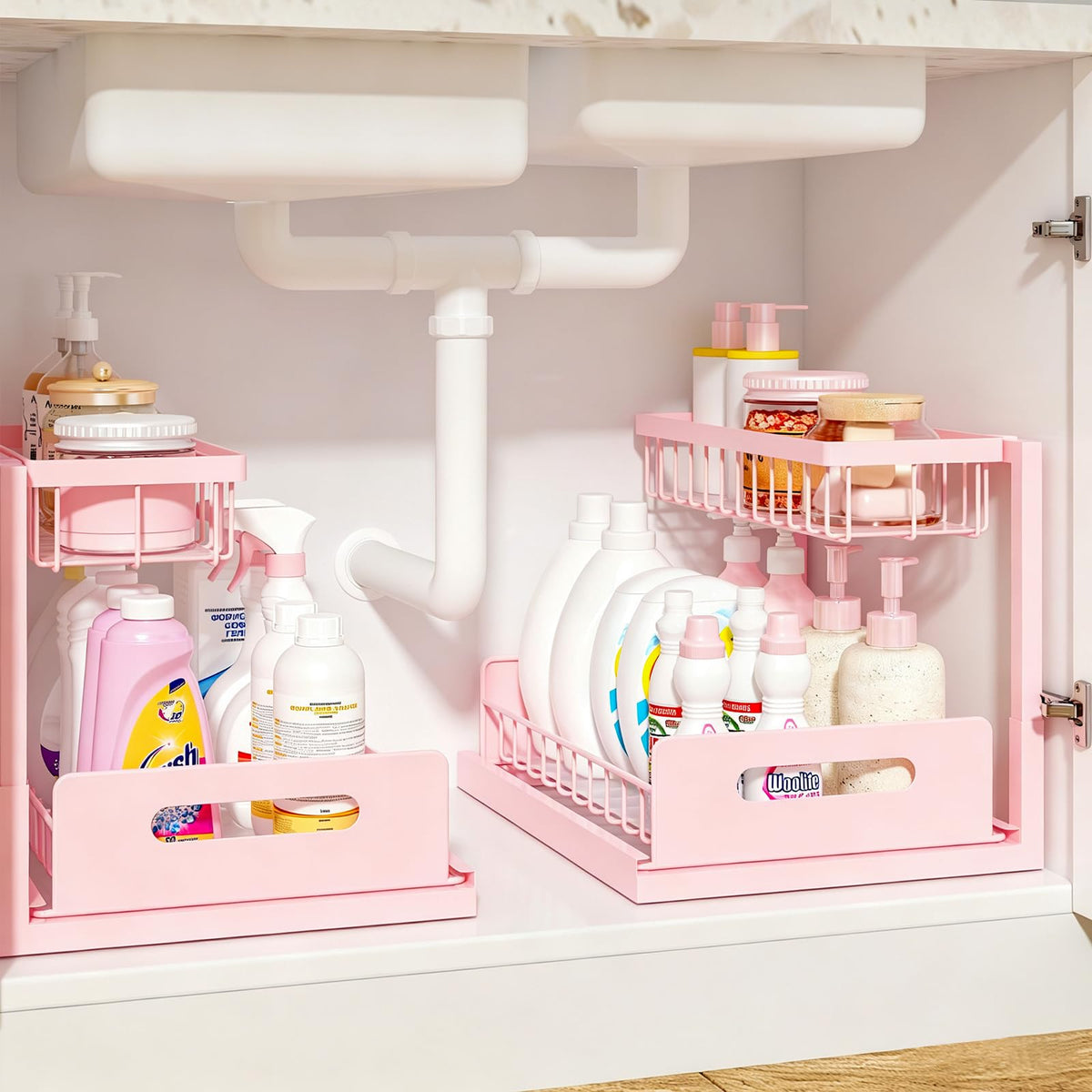 REALINN Under Sink Organizer, L-Shaped 2 Tier Pull Out Cabinet Organizer