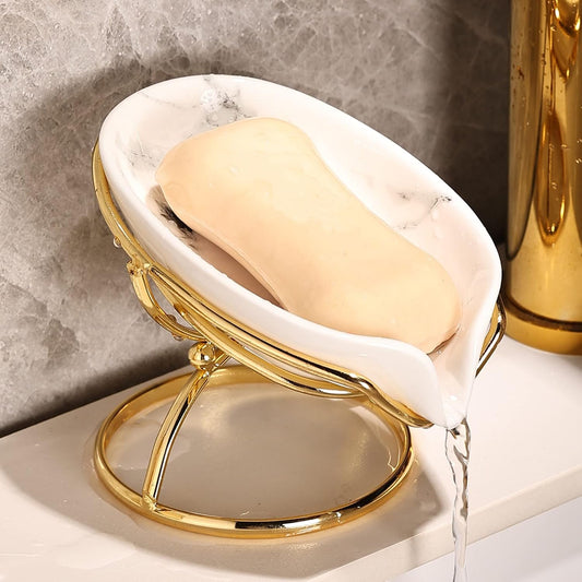 Dobbyby Leaf-Shaped Ceramic Soap Dish with Drain, Holder, Saver, Tray, Bar Soap Holder, Easy Cleaning, for Shower Bathroom Kitchen Sink Bathtub, Pro-Environment White