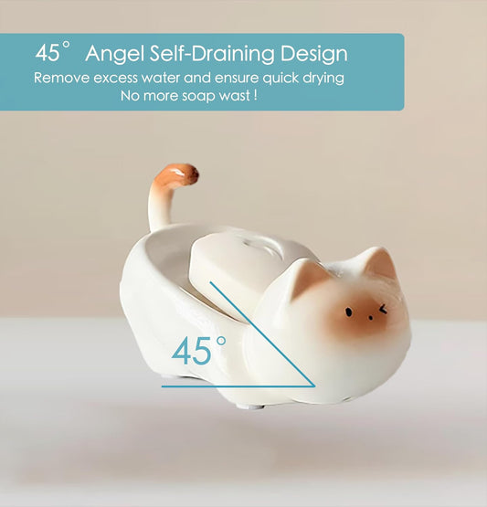 Ceramic Cute Cat Soap Dish 45° Self Draining Tray (Black)