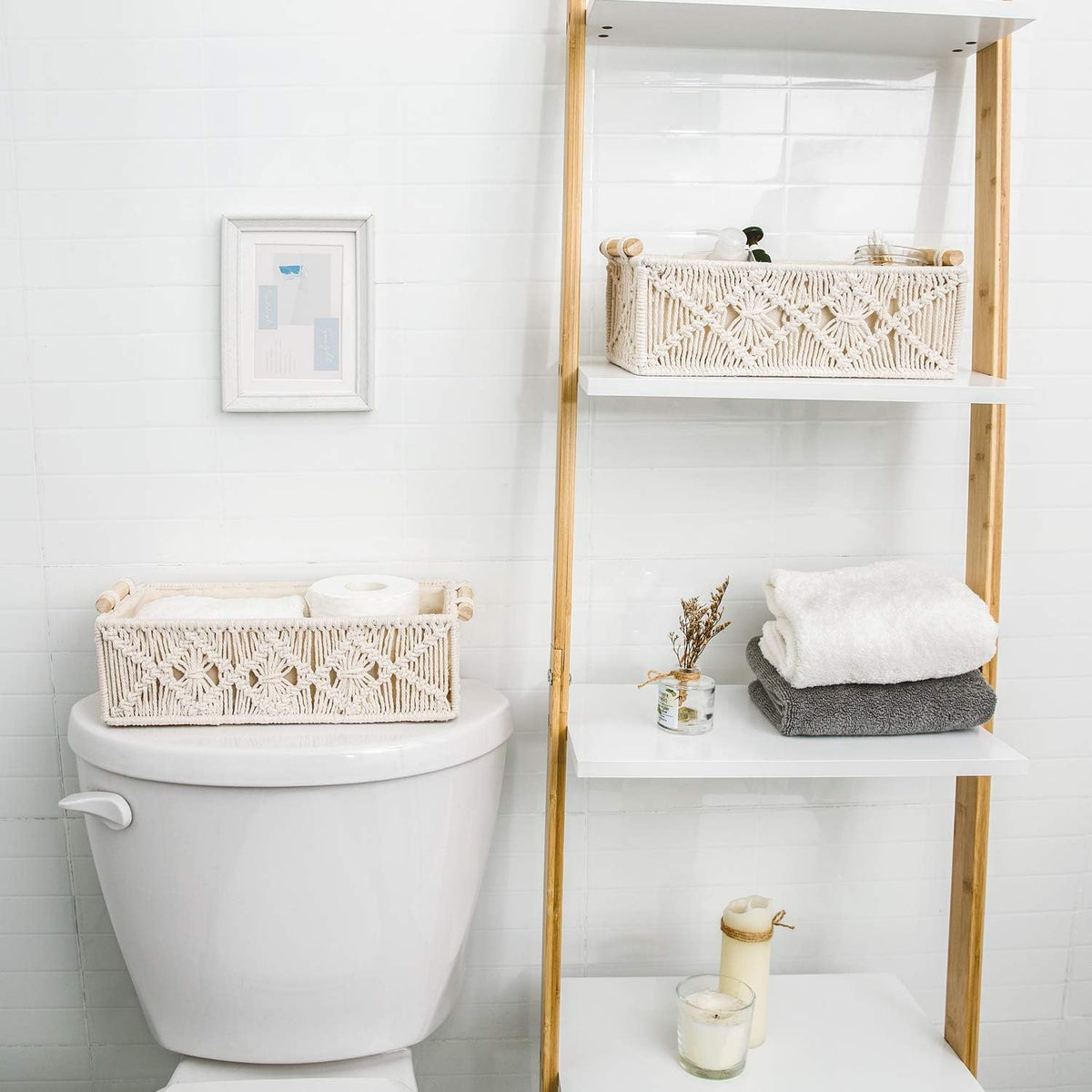 Mkono 2Pc Macrame Storage Basket, Boho Decor Toilet Paper Organizer, Ivory