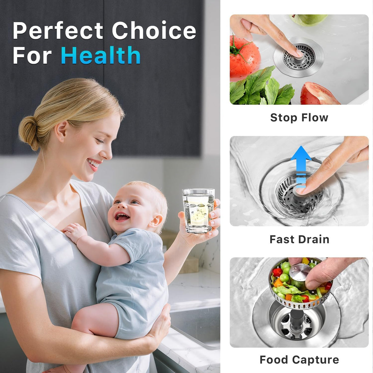 3-in-1 Stainless Steel Kitchen Sink Drain Strainer, JOMST Kitchen Gadget – Fast Drain, Water-Saving Stopper & Odor Blocker， Fits Standard 3.5″ Sink Drains