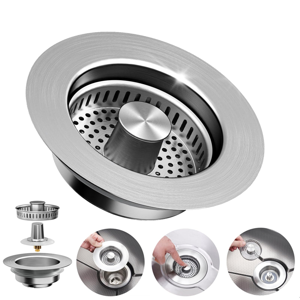 3-in-1 Kitchen Sink Drain Strainer - Pop Up Sink Stopper, Stainless Steel Sink Drain Strainer, Kitchen Sink Stopper & Drain Plug with Anti-Clogging Basket,Sink Strainer Fits US Standard 3-1/2'' Drains