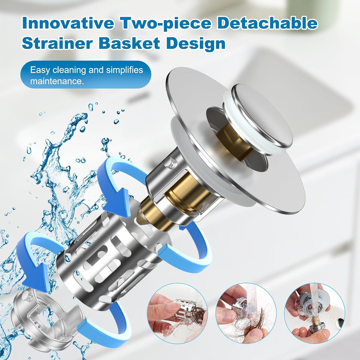 Hibbent 2 Pack Bathroom Sink Drain Strainer, 3 in 1 Pop Up Stopper
