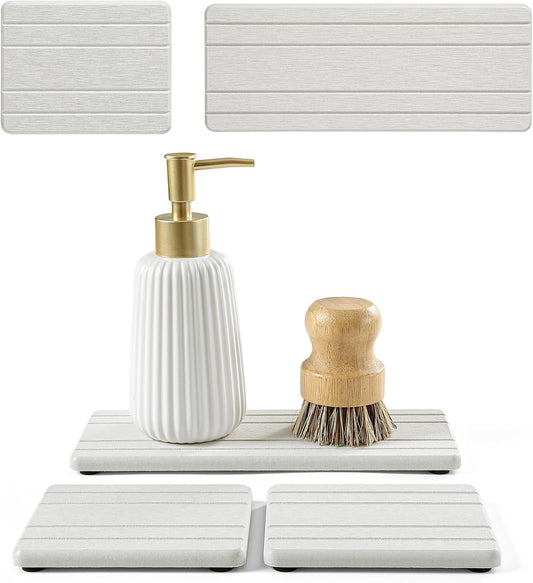 3 Pack Diatomite Stone Sink Tray, Water Absorbing Mat for Kitchen & Bathroom Counter, Quick Dry Soap Dish Makeup Vanity Caddy,Sponge Holder Organizer, Beige - 2pcs of 4.5"x 3.5" and 1pc of 9"x 3.5"