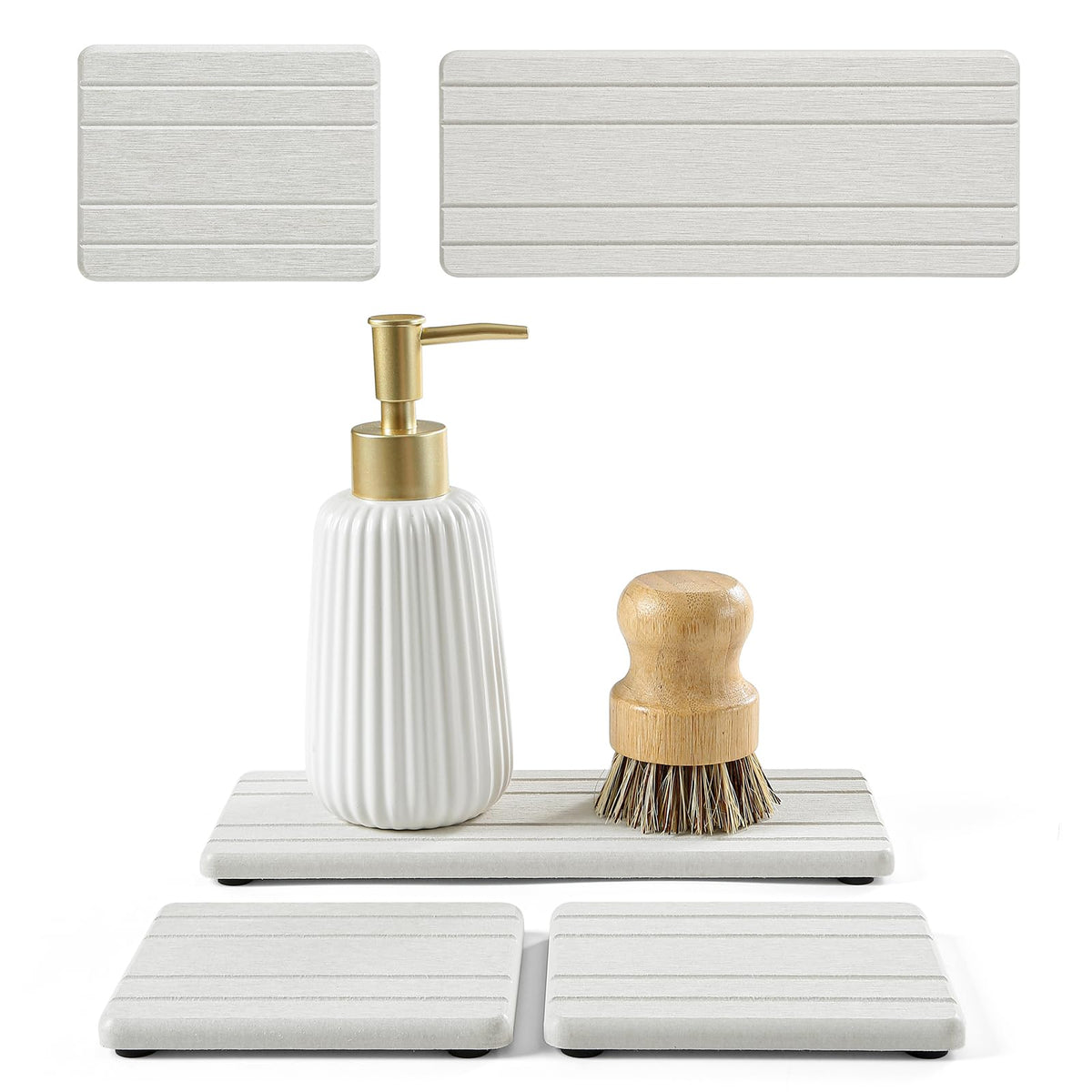 3 Pack Diatomite Stone Sink Tray, Water Absorbing Mat for Kitchen & Bathroom Counter, Quick Dry Soap Dish Makeup Vanity Caddy,Sponge Holder Organizer, Beige - 2pcs of 4.5"x 3.5" and 1pc of 9"x 3.5"