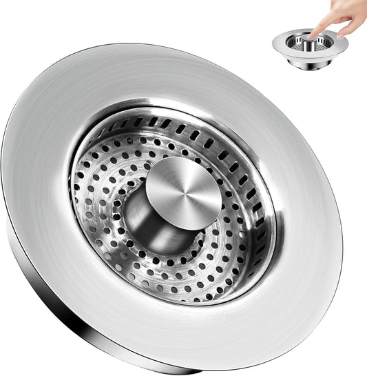 3 in 1 Kitchen Sink Stopper,304 Stainless Steel Kitchen Sink Drain Strainer Fits for Most Kitchen Drain, Easy to Install, Use, and Clean; Works Effectively