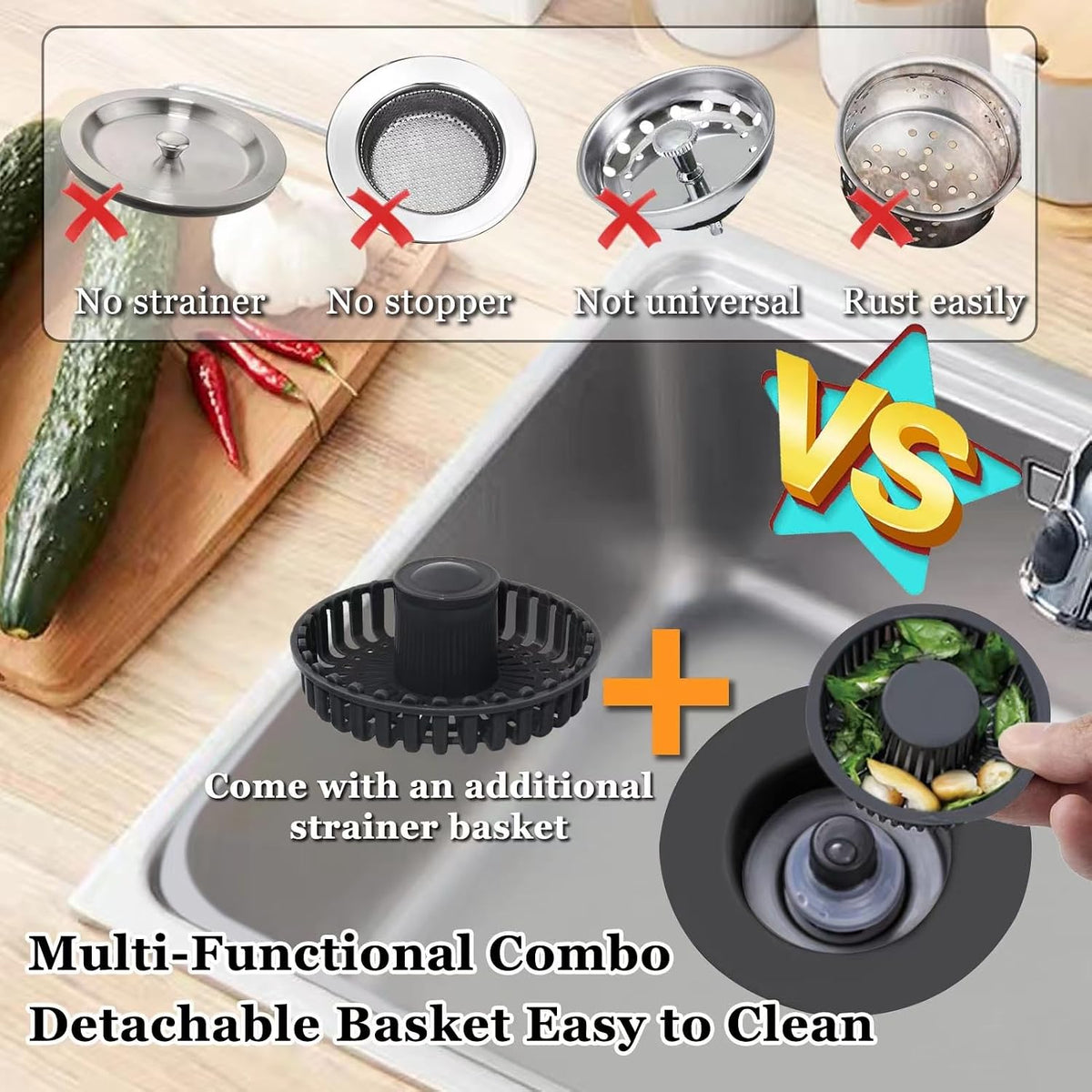 BAOLSLS 3 in 1 Kitchen Sink Stopper, Pop Up Kitchen Sink Drain Strainer
