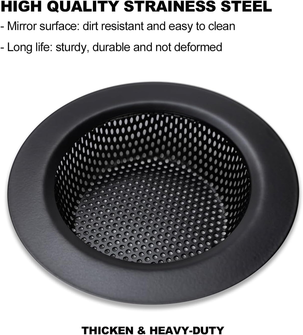 Huntonry Black Kitchen Sink Drain Strainer, Sink Drain Cover, Food Catcher, Large Wide Rim 4.5" Diameter, Stainless Steel, Pack of 2