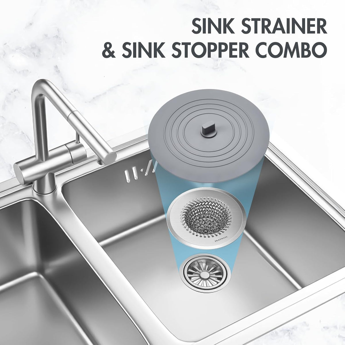 TRAPMATE Kitchen Sink Drain Strainer & Sink Stopper, Revolutionary Stainless Steel Drain Plug Combo, Anti-Clog Garbage Strainer Basket for US Standard Drains, Fits Single & Double Bowl Kitchen Sinks