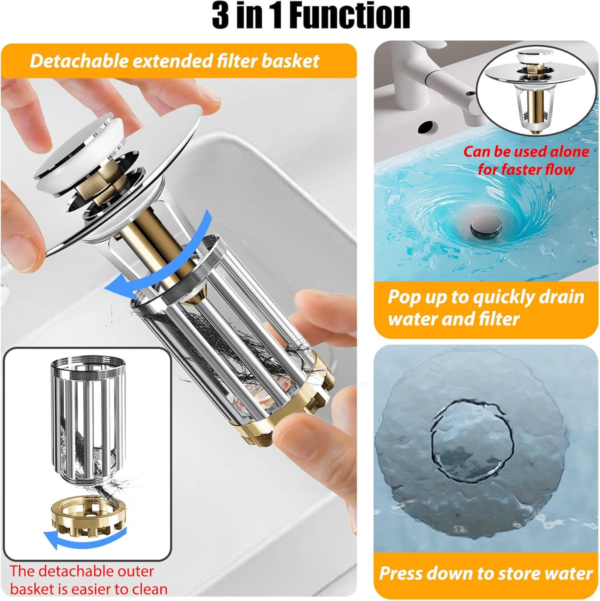 Anlige Bathroom Sink Drain Strainer, 3 in 1 Pop Up Bathroom Sink Stopper