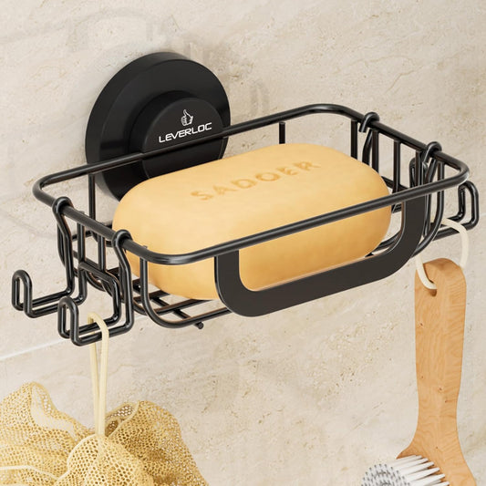 LEVERLOC Bar Soap Holder with Hooks, Suction Cup Soap Dish Stainless Steel