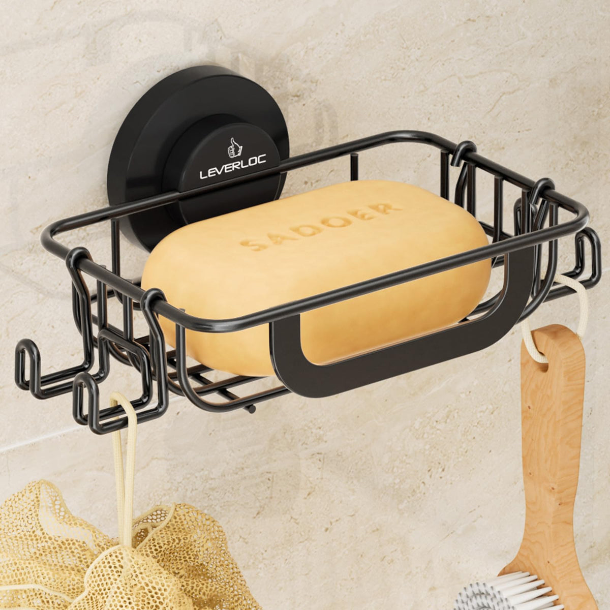 LEVERLOC Bar Soap Holder with Hooks, Suction Cup Soap Dish Stainless Steel