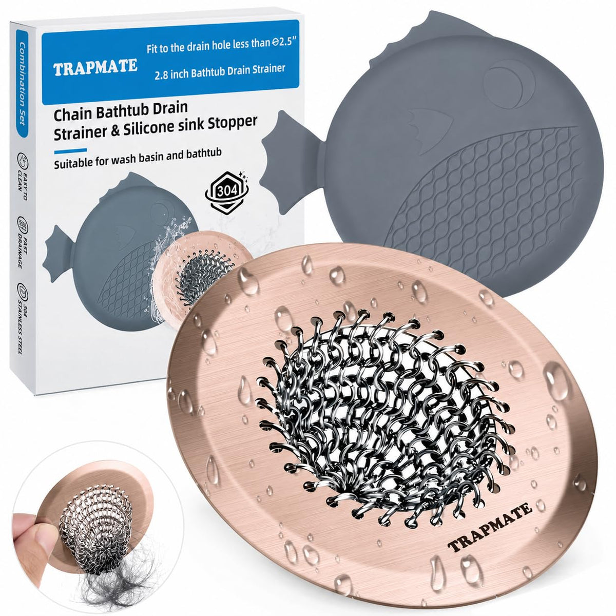 TRAPMATE Shower Drain Hair Catcher, 2.8" Bathtub Stopper Drain Strainer Kit