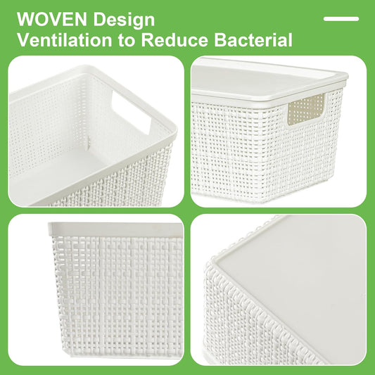 6 Pack Plastic Storage Baskets with Lid,White Stackable Bins