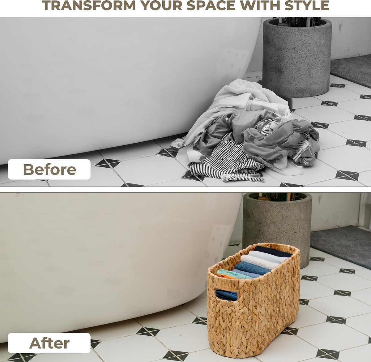 KOKODO Water Hyacinth Toilet Paper Storage Basket with Handles, Free Standing Wicker Basket for Toilet Paper, Magazines, Toiletries & Cleaning Supplies, Holds 6 Rolls
