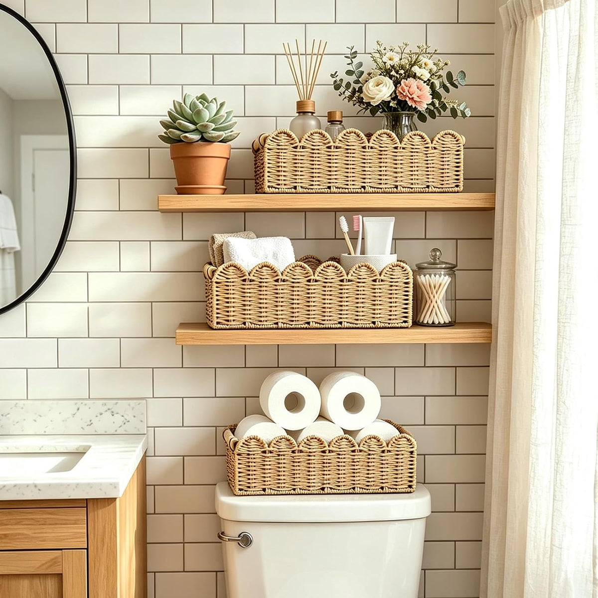 2 Pack Handwoven Scalloped Toilet Paper Storage Basket