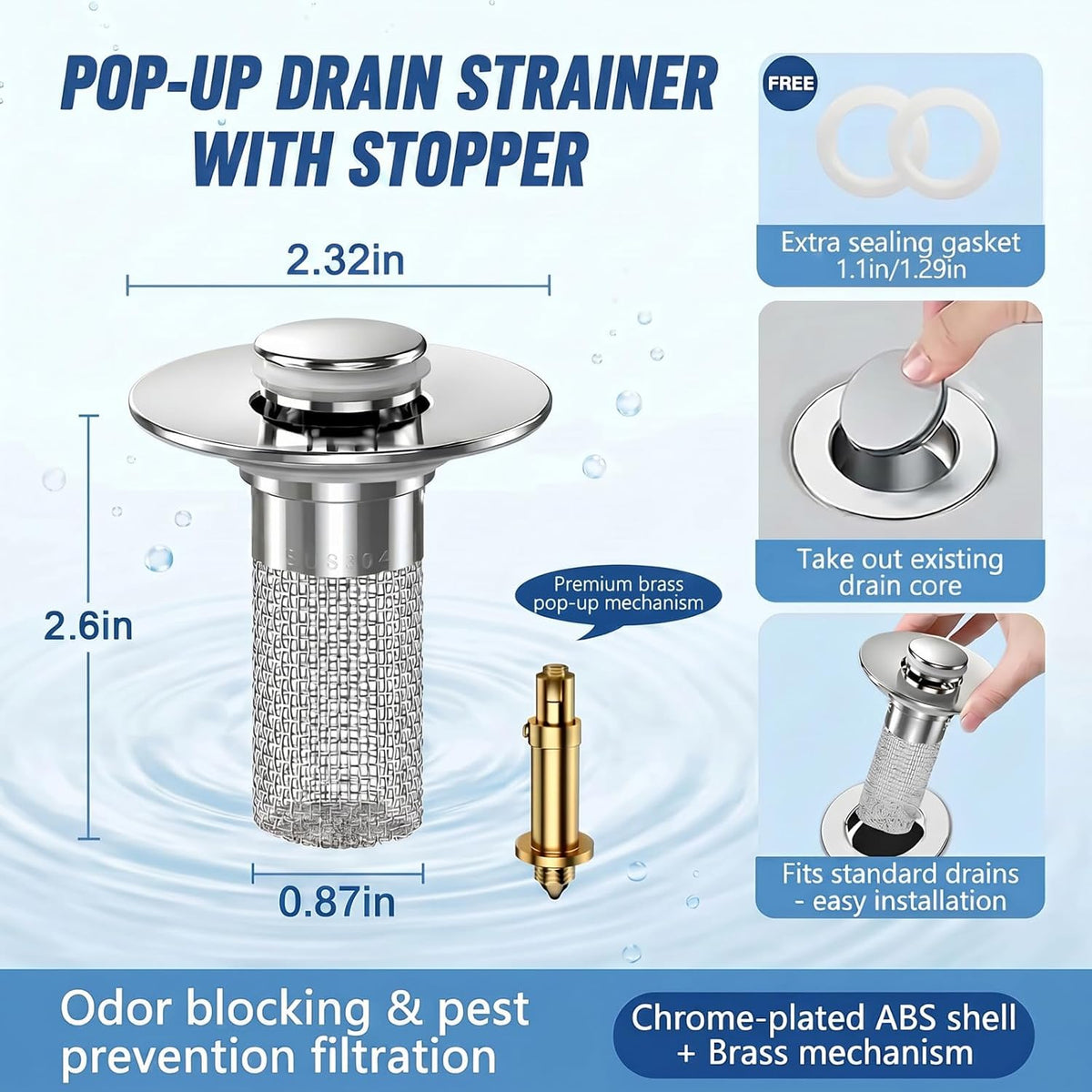 2PCS Bathroom Sink Drain Strainer, Pop-up Stopper Hair Catcher with Stainless Steel Filter Basket, Universal Replacement Drain Plug for Bathroom Sinks