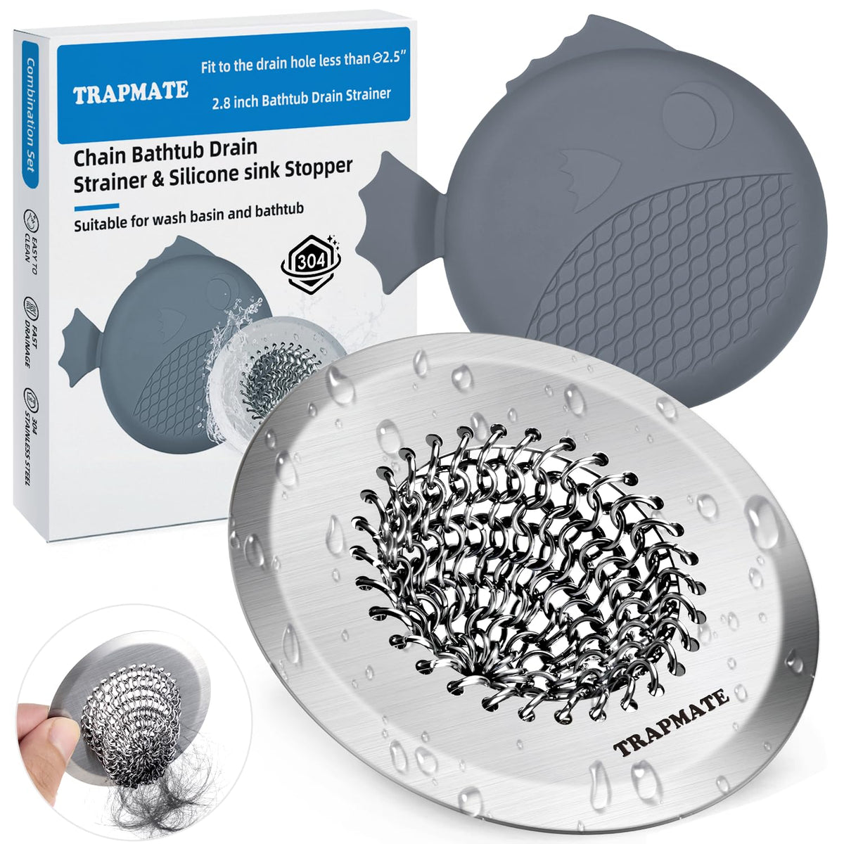 TRAPMATE Shower Drain Hair Catcher, 2.8" Bathtub Stopper Drain Strainer Kit