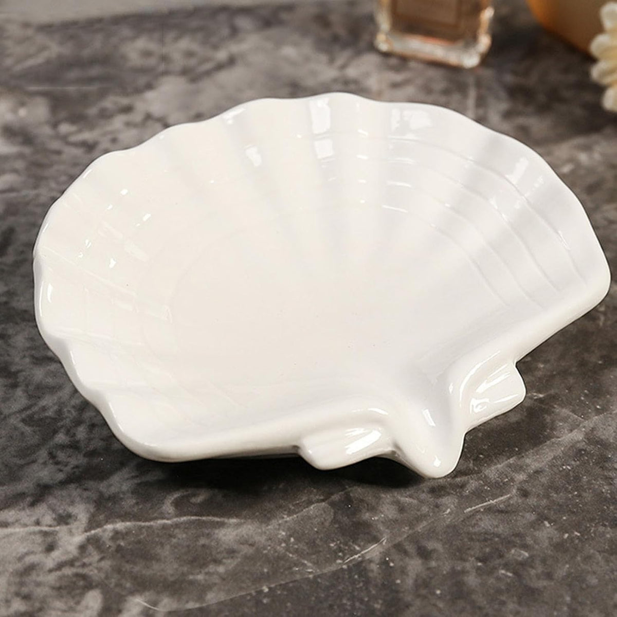 Ceramic Soap Holder, Sea-Shell Soap Tray with Self Draining, Soap Tray for Sink Washroom Bathroom Shower, Small Cute and Elegant Holder with Glaze, Easy Cleaning (White)