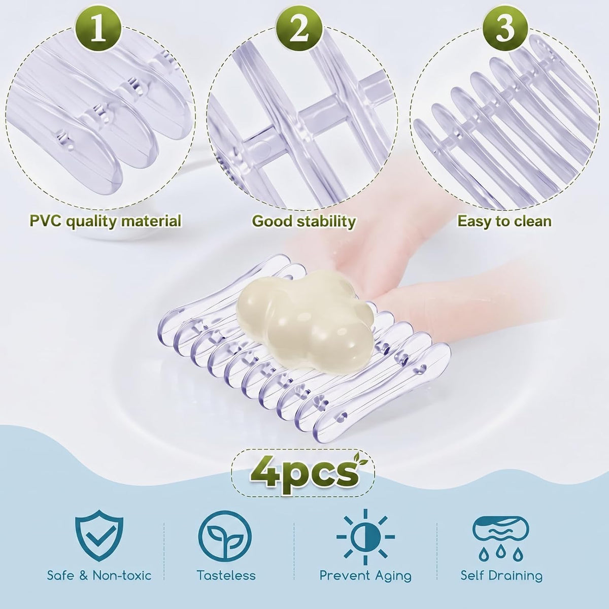 4 Self Draining Soap Dish, Plastic Bar Soap Holder & Saver for Shower Sink