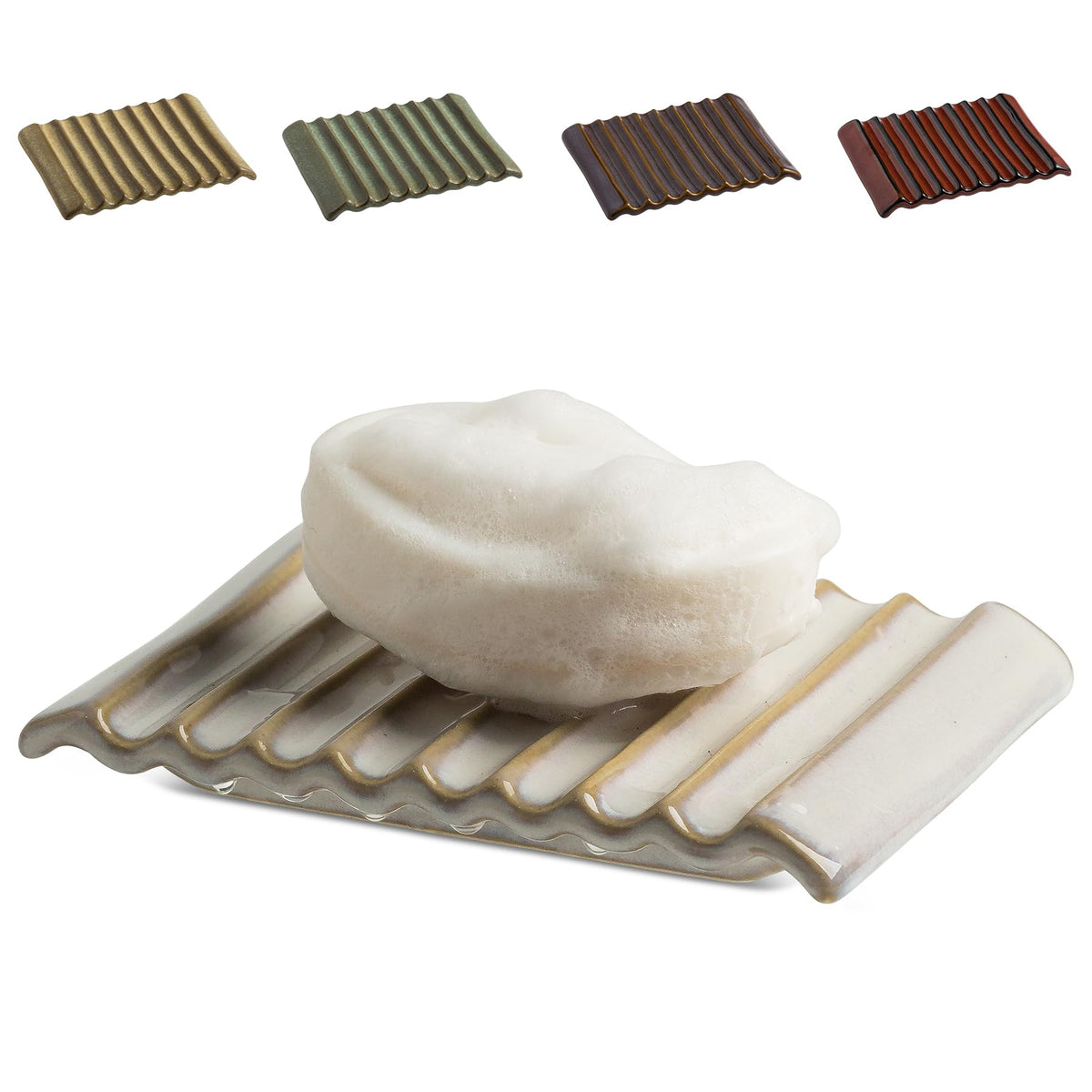 Zoeeker Soap Dish with Waterfall Design, Ceramic Soap Holder for Countertop