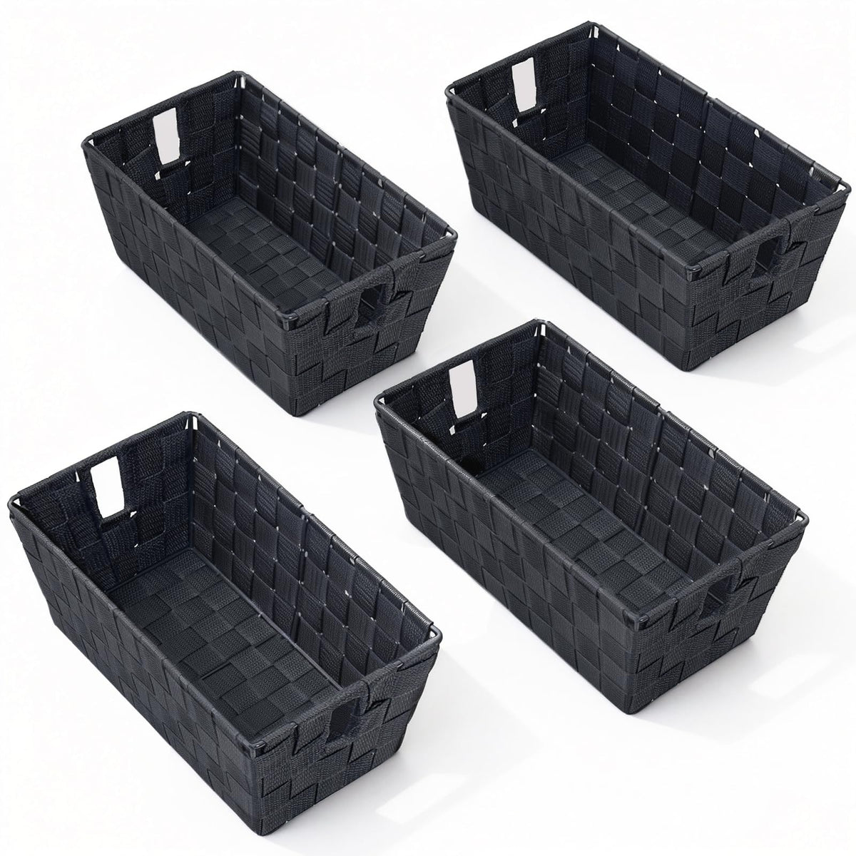 Woven Black Storage Baskets Shelf Tote Boxes Container, Durable Storage Organizer Bins with Built-in Handles for Bedroom, Office, Closet, Kids Room, Nursery, 3-Pack,11.4”x 6.5”x 4.5”