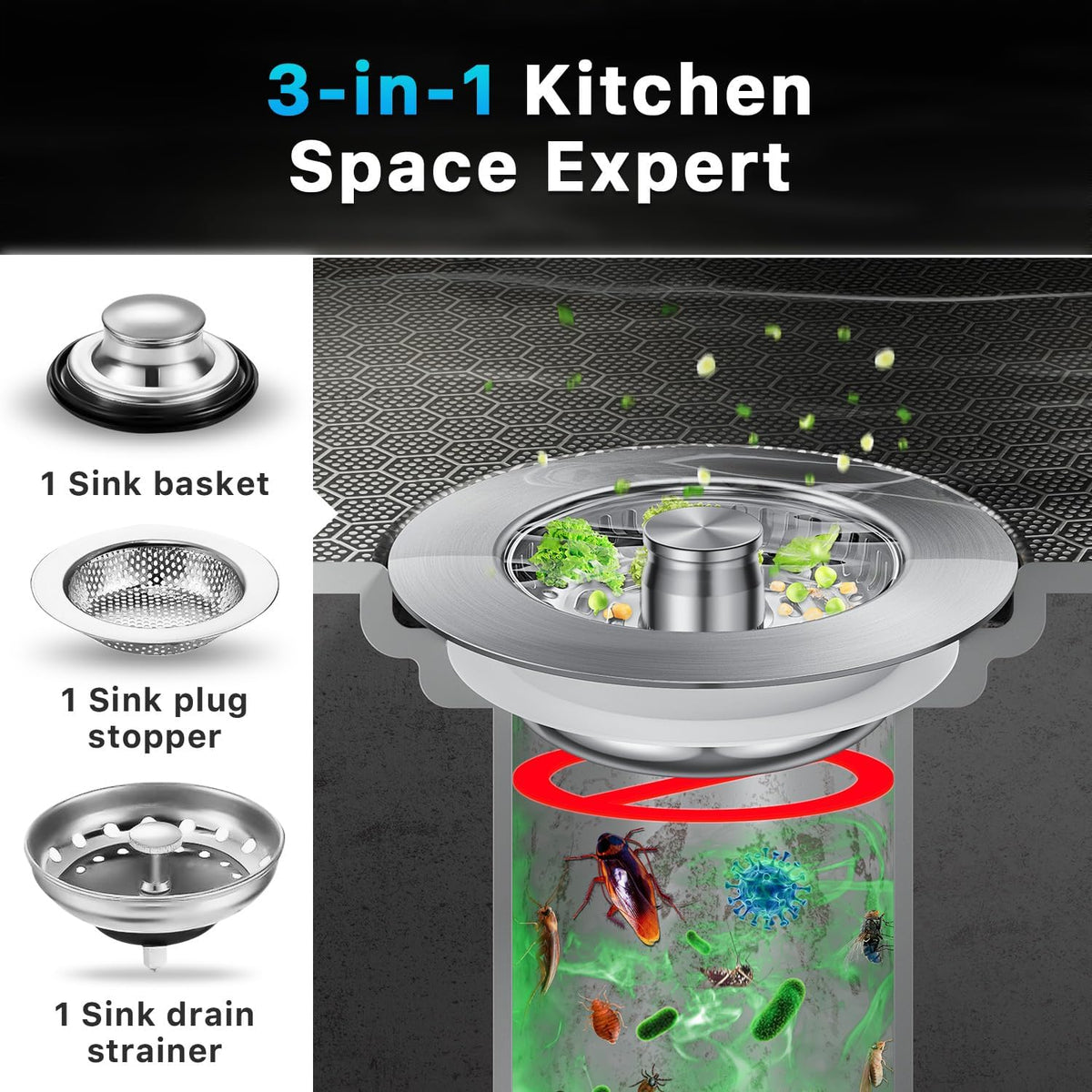 3-in-1 Stainless Steel Kitchen Sink Drain Strainer, JOMST Kitchen Gadget – Fast Drain, Water-Saving Stopper & Odor Blocker， Fits Standard 3.5″ Sink Drains