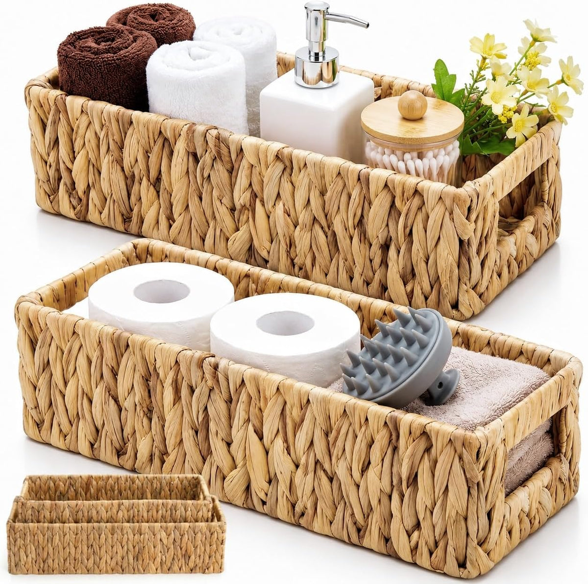 Eorbow 2 Pack Wicker Storage Baskets, Water Hyacinth Holder for Toilet Paper, Rectangular Natural Bins with Built-in Handles, Handwoven Organizer for Bathroom Kitchen Pantry Tank Top, 2 Sizes