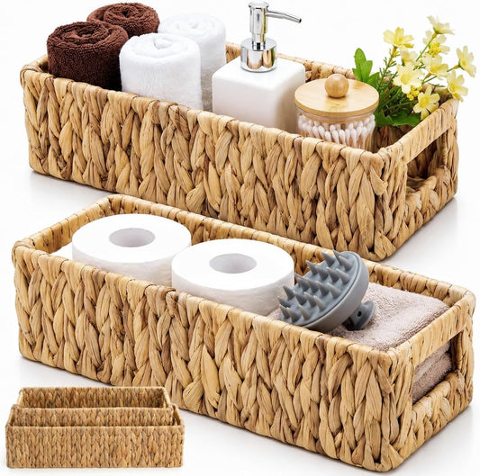 Eorbow 2 Pack Wicker Storage Baskets, Water Hyacinth Holder for Toilet Paper, Rectangular Natural Bins with Built-in Handles, Handwoven Organizer for Bathroom Kitchen Pantry Tank Top, 2 Sizes